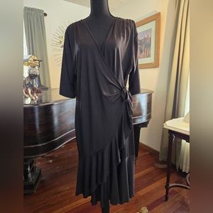 Navy wrap dress with ruffles.